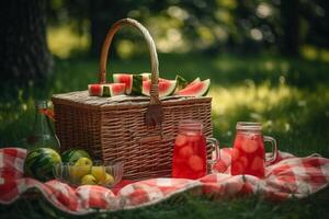 A picnic basket with watermelon juice and watermelon slices, photo