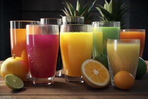 A group of glasses filled with different types of juice, photo