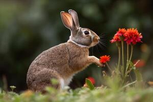 A rabbit standing on its hind legs next to a flower, photo