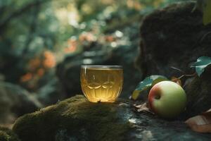 A glass of apple juice next to an apple on a rock in forest, photo