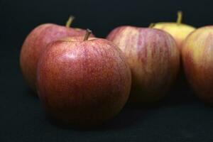 Red and yellow apples on a black background. Delicious apples close-up. photo