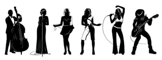 Collection of Women silhouettes isolated on white. Dancing, singing, playing guitar, contra-bass. Vector cliparts.