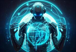 AI Artificial intelligence humanoid with Blue vibrant neon holding planet Earth hologram on hand, Artificial Intelligence technology disruption concept, illustration photo