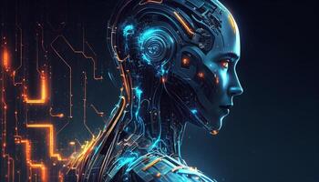 AI Artificial intelligence humanoid side portrait view with blue and orange vibrant neon and copy space, Artificial Intelligence technology concept, illustration photo