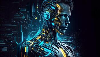 AI Artificial intelligence humanoid Side view with Blue and yellow vibrant neon, Artificial Intelligence technology concept, illustration photo