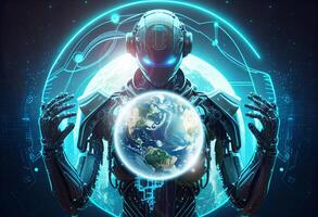 AI Artificial intelligence humanoid with Blue vibrant neon holding planet Earth on hand, Artificial Intelligence technology world disruption concept, illustration photo