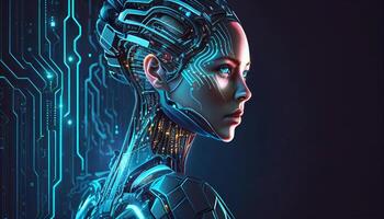 AI Artificial intelligence humanoid side portrait view with blue and orange vibrant neon and copy space, Artificial Intelligence technology concept, illustration photo