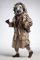 Anthropomorphic smiling zebra dressed in vintage. Animals in clothes. People with heads of animals..Created with photo