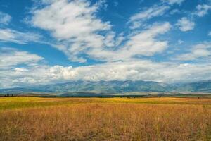 Background of agricultural field and mountains. Sky with mountains in the background. photo