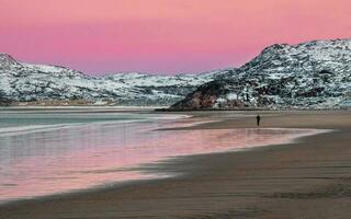 Panoramic view of winter sunset with amazing magenta color over fjord. photo