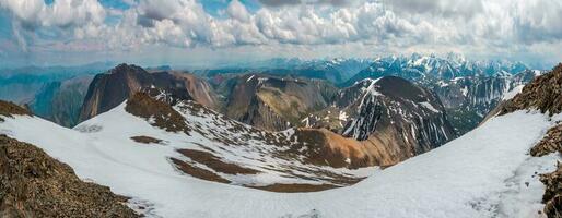Wide panorama of the winter Altai Mountains. Snowy high-altitude plateau. photo