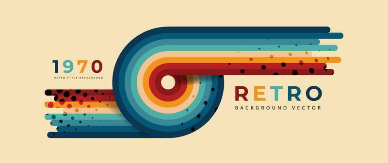 Abstract retro 70s background vector. Colorful vintage 1970 stylish wallpaper with lines, stripes, curve, circle shapes. Illustration design suitable for poster, banner, decorative, wall art.