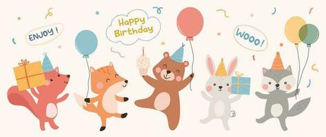 Happy birthday concept animal vector set. Collection of adorable wildlife, fox, balloon. Birthday party funny animal character illustration for greeting card, invitation, kid, education, prints.