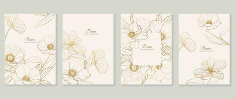 Luxury floral vector background cover. Plant hand drawn with copy space for text and gold line art flower and leaf branch in pastel colors. Botanical design suitable for banner, cover, invitation.