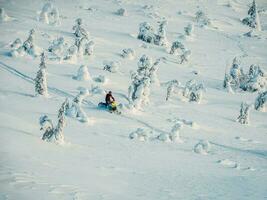 Rider on snowmobile in the winter snow hill. Alone man riding down a hill on snowmobile. Extreme winter sports, polar active vacations in the harsh northern nature. photo