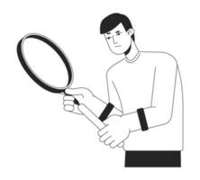Doubtful caucasian young man holding loupe flat line black white vector character. Editable outline half body person. Male inspector simple cartoon isolated spot illustration for web graphic design