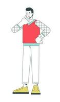 Focused pensive young caucasian man rubbing chin flat line color vector character. Editable outline full body person on white. Stylish guy simple cartoon spot illustration for web graphic design