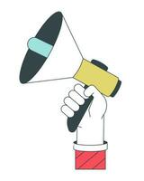 Holding megaphone flat line concept vector spot illustration. Loudspeaker 2D cartoon outline first view hand on white for web UI design. Advertising marketing editable isolated colorful hero image