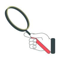 Hand holding magnifying glass flat line concept vector spot illustration. Enlarge 2D cartoon outline first view hand on white for web UI design. Magnifier tool editable isolated colorful hero image