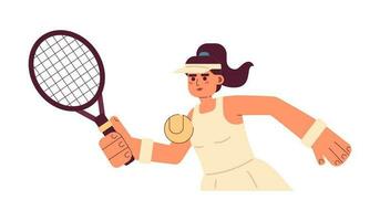 joven Hispano mujer jugando tenis semi plano vistoso vector personaje. profesional tenis torneo. editable medio cuerpo persona en blanco. sencillo dibujos animados Mancha ilustración para web gráfico diseño