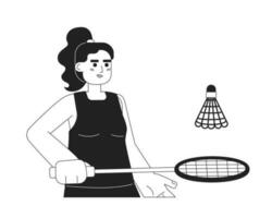 Female spanish player on badminton training monochromatic flat vector character. Sport woman with racquet. Editable thin line half body person on white. Simple bw cartoon spot image for graphic design