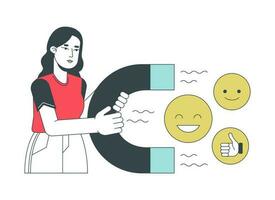 Audience satisfaction flat line concept vector spot illustration. Girl holding magnet 2D cartoon character for web UI design. Customer relationship management editable isolated colorful hero image