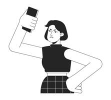 Displeased woman with not working phone bw vector spot illustration. 2D cartoon flat line monochromatic character on white for web UI design. Problem with internet editable isolated outline hero image