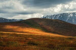 Dramatic golden light and shadow on the rock in autumn steppe. Altai mountains. photo