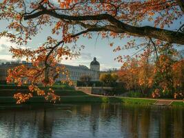 hermosa otoño soleado paisaje de el parque con un estanque y un genial Gatchina palacio foto