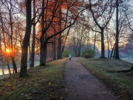 Atmospheric autumn morning landscape with sunrise and silhouette of a woman on a winding road in the park photo