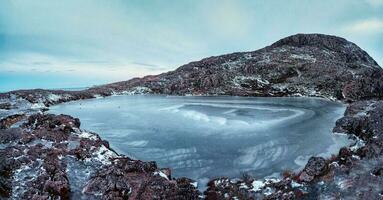 Frozen clear mountain lake, panoramic winter view. Amazing Arctic landscape with a high-altitude frozen lake. photo