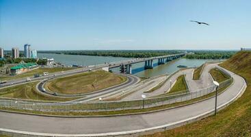 Panorama of Barnaul. The bridge over the Ob River. Observation deck over the city. photo