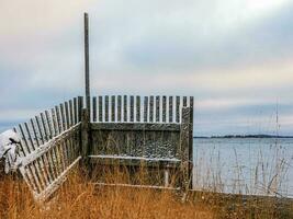 A fallen old wooden fence. Old fishing fence. photo