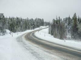 vacío Nevado del Norte invierno camino, giro en el la carretera. foto