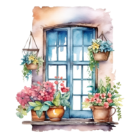 Fenster Blumen Landschaft Aquarell Clip Art ai generiert png