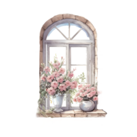 Fenster Blumen Landschaft Aquarell Clip Art ai generiert png