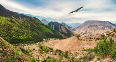 Mountain valley with a soaring eagle. High mountains, a complex mountain landscape, green vegetation-covered slopes. Panoramic view. photo