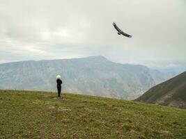 A horseman in a white cap and a flying eagle on the background of high mountains photo