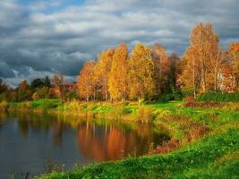 el apuntalar de un otoño lago con el reflexión de dorado arboles en el agua. un pintoresco otoño paisaje con un estanque foto