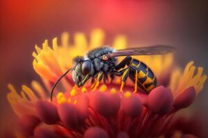 Portrait macro bee on the flower AI Generate photo