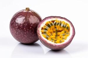 Passion fruit with leaf isolated on white photo