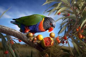 Rainbow lorikeet on a tree branch ai generate photo