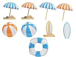 A collection of beach accessories including an umbrella, a lifeguard, and a lifeguard 3d icon set vector