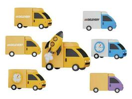 different types of delivery trucks including a rocket ship, a clock, a truck and a van icon set vector