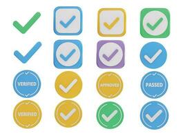 A set of icons that say approved, passed, and verification icon 3d rendering vector illustration