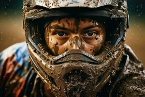 Portrait dirt biker wearing helmet with mud ai generate photo