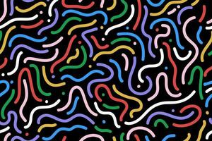 Abstract retro 80's - 90's memphis seamless pattern with colorful curved lines on black background. Vector illustration.
