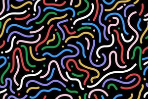 Abstract retro 80's - 90's memphis seamless pattern with colorful curved lines on black background. Vector illustration.