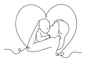 Continuous one line drawing of mother and baby in heart shape. Line art style of vector illustration, Mothers Day Celebration.