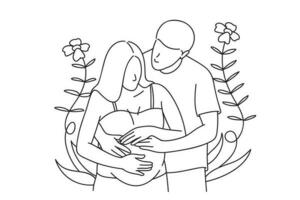 Continuous line art drawing of pregnant woman and her husband hugging each other vector